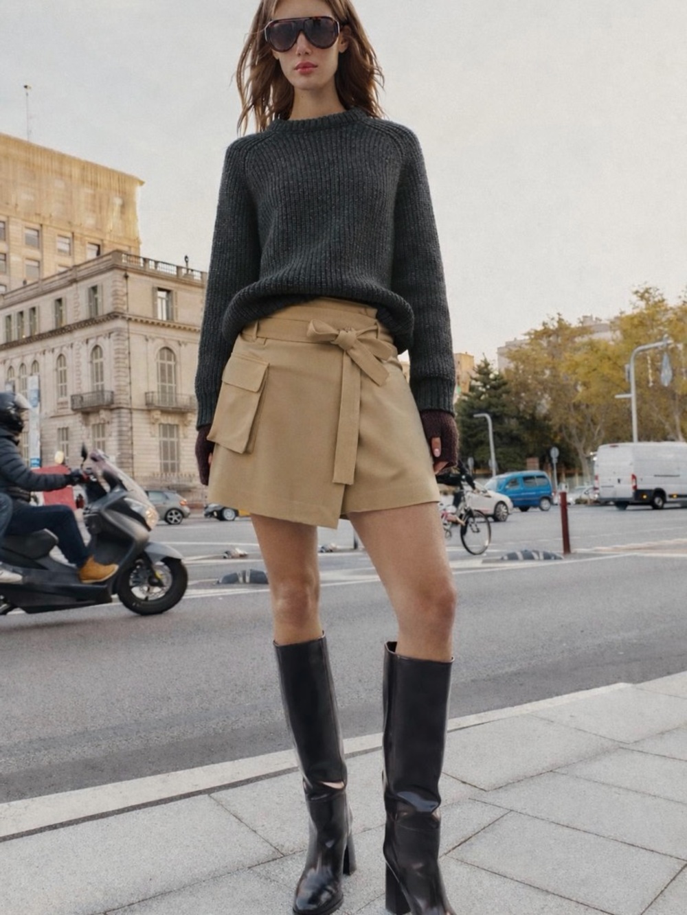 H&M Tan Utility Wrap Mini Skirt Tie Belt Cargo Pocket Minimalist Size 4